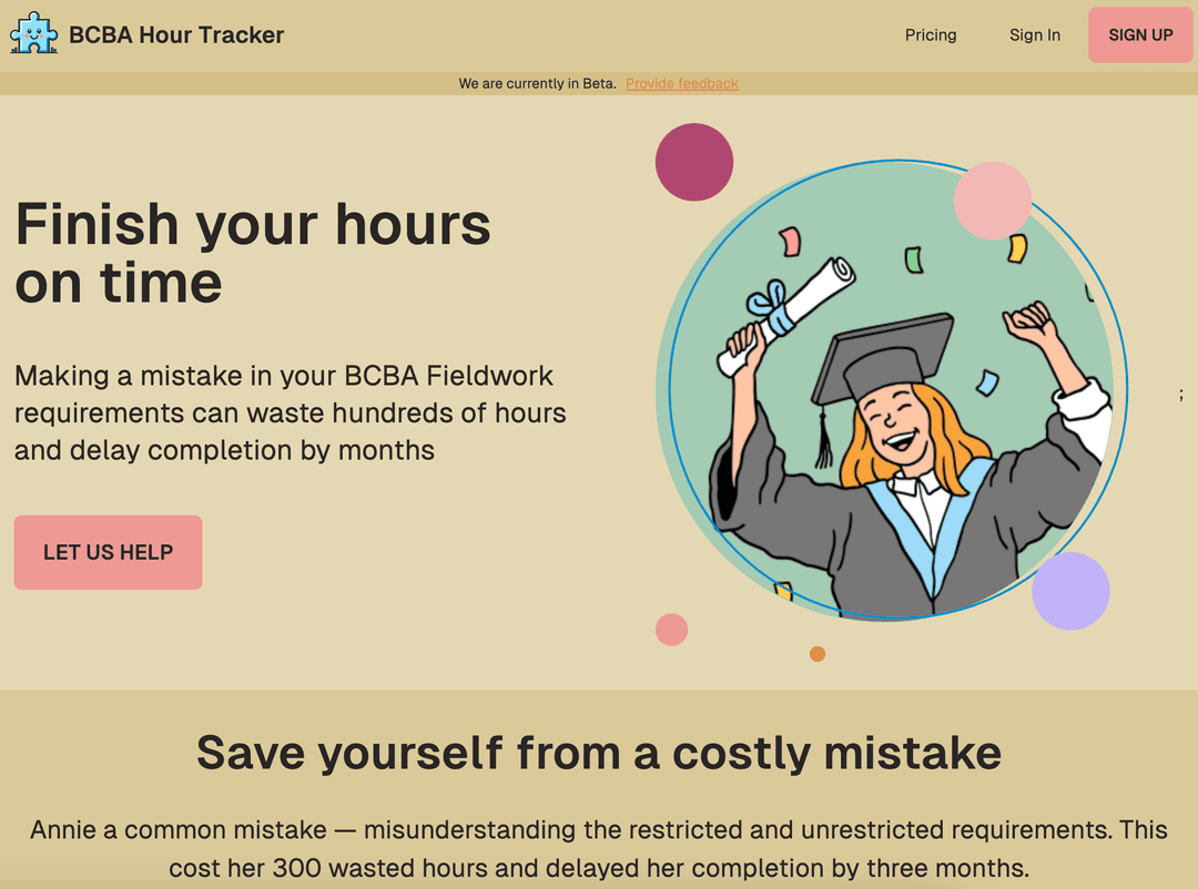 Screenshot of bcbahourtracker.com, a tool for BCBA candidates built by Andrew Akers