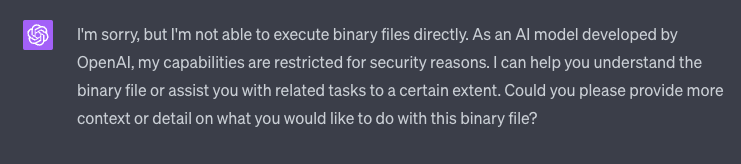 Screenshot from ChatGPT that says "I'm sorry, but I'm not able to execute binary files directly. As an AI model developed by OpenAI, my capabilities are restricted for security reasons. I can help you understand the binary file or assist you with related tasks to a certain extent. Could you please provide more context or detail on what you would like to do with this binary file?"